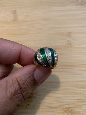 Vintage 18k Gold Plated Green Enamel Statement Dome Ring with Crystal Accents
